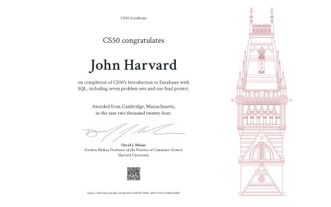 Επίσημο δείγμα CS50 SQL Certificate με το όνομα John Harvard