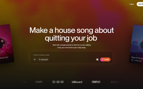 Η αρχική σελίδα του Suno με το πεδίο "Chat to make music" και το κουμπί Create